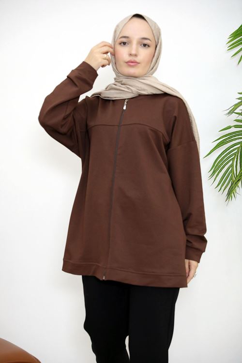 HIR02432-KHV Kapşonlu Fermuar Detay Hırka-Kahve