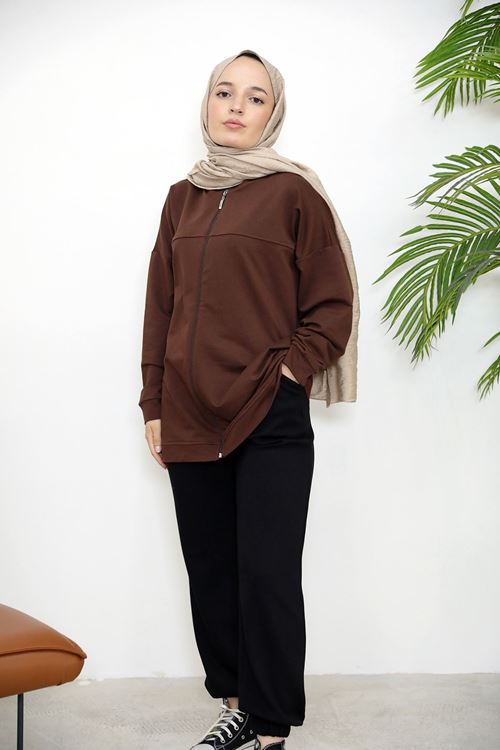 HIR02432-KHV Kapşonlu Fermuar Detay Hırka-Kahve