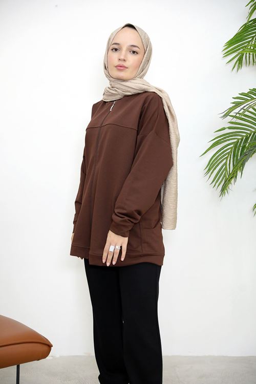 HIR02432-KHV Kapşonlu Fermuar Detay Hırka-Kahve