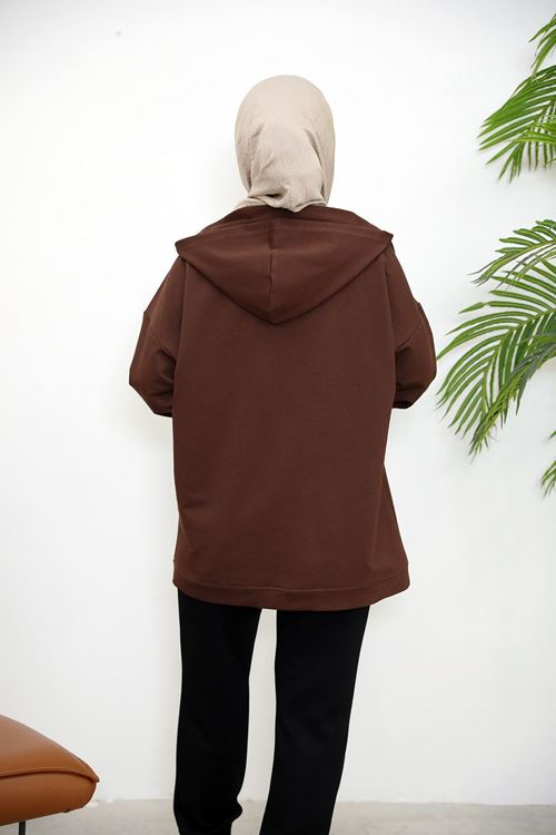 HIR02432-KHV Kapşonlu Fermuar Detay Hırka-Kahve