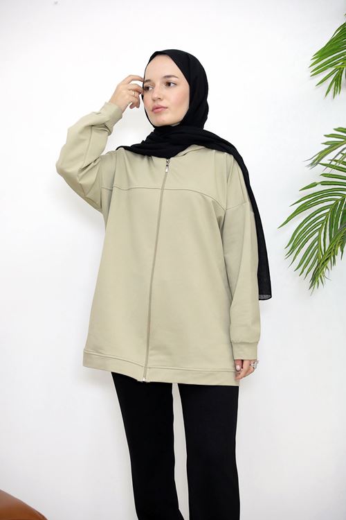 HIR02432-MNT Kapşonlu Fermuar Detay Hırka-Mint