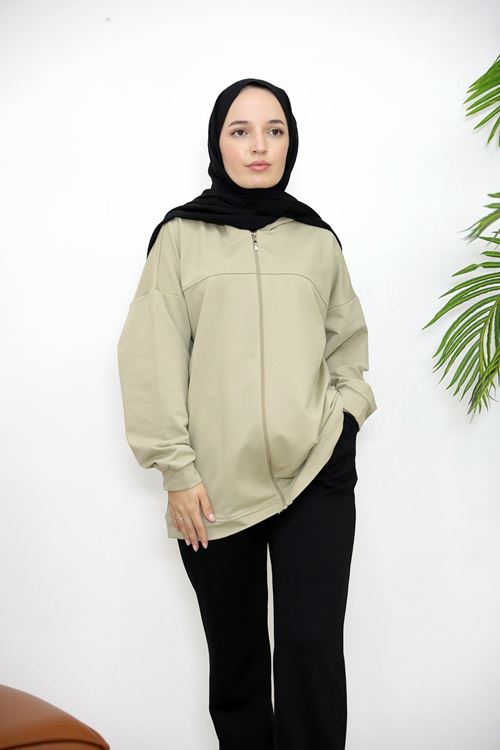 HIR02432-MNT Kapşonlu Fermuar Detay Hırka-Mint