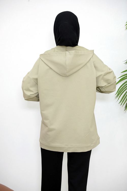 HIR02432-MNT Kapşonlu Fermuar Detay Hırka-Mint