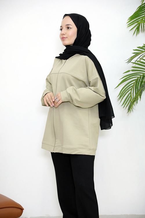 HIR02432-MNT Kapşonlu Fermuar Detay Hırka-Mint