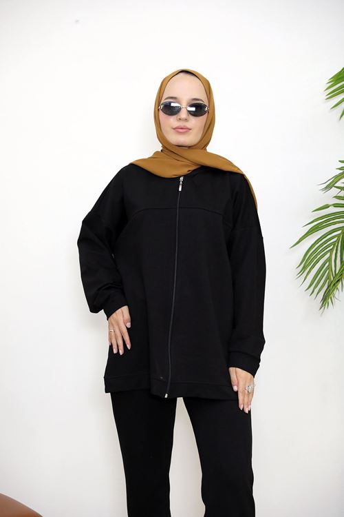 HIR02432-SYH Kapşonlu Fermuar Detay Hırka-Siyah