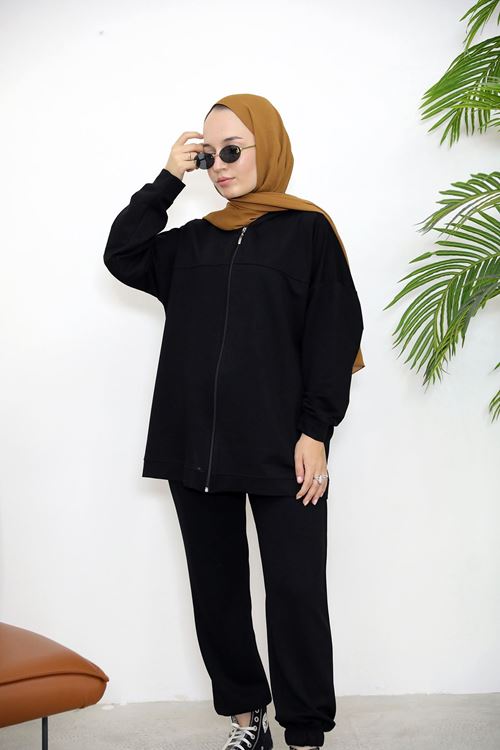 HIR02432-SYH Kapşonlu Fermuar Detay Hırka-Siyah