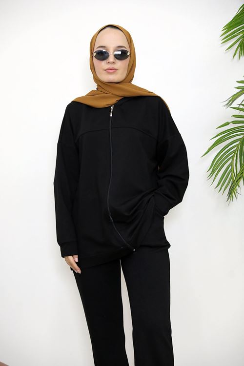 HIR02432-SYH Kapşonlu Fermuar Detay Hırka-Siyah