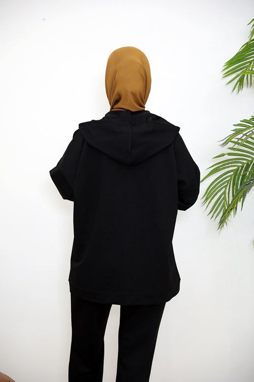 HIR02432-SYH Kapşonlu Fermuar Detay Hırka-Siyah