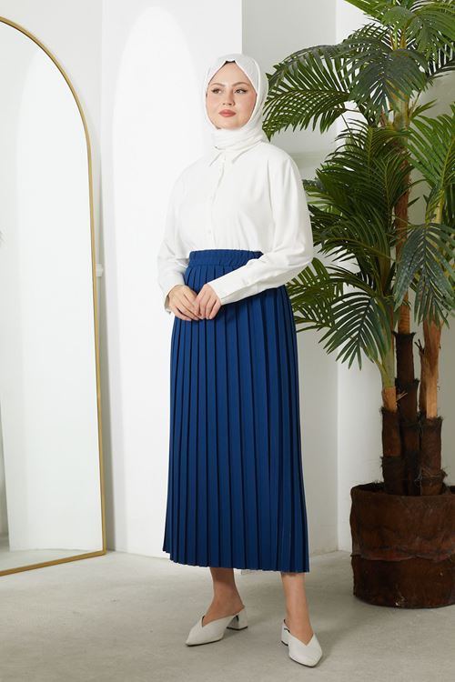 MOE02998-İND Pilikaşe Krep Etek-İndigo