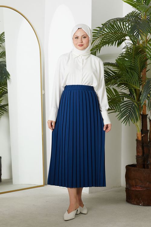 MOE02998-İND Pilikaşe Krep Etek-İndigo