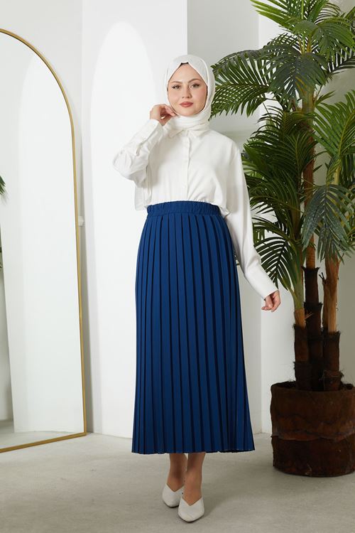 MOE02998-İND Pilikaşe Krep Etek-İndigo