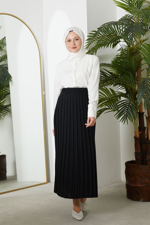 MOE02998-SYH Pilikaşe Krep Etek-Siyah