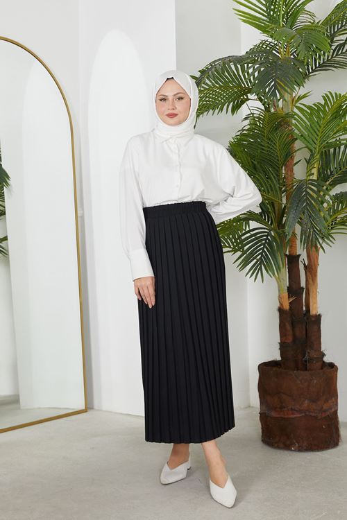 MOE02998-SYH Pilikaşe Krep Etek-Siyah