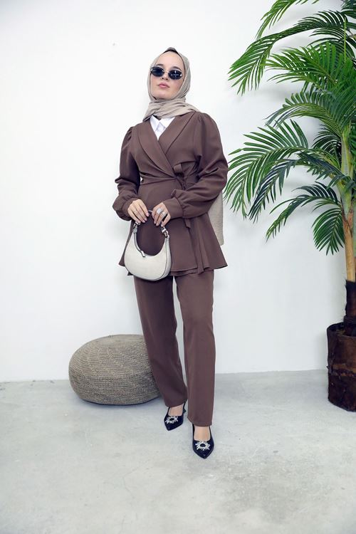 PİT00466-KHV Kuşak Detay Ceketli Takım-Kahve