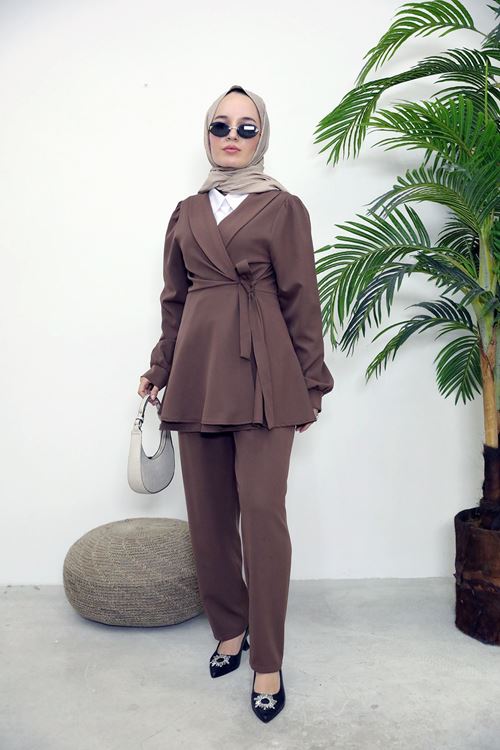 PİT00466-KHV Kuşak Detay Ceketli Takım-Kahve