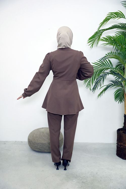 PİT00466-KHV Kuşak Detay Ceketli Takım-Kahve