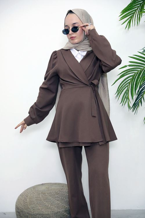 PİT00466-KHV Kuşak Detay Ceketli Takım-Kahve