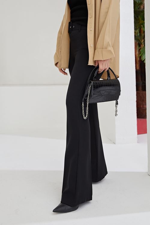 PNT01425-SYH İspanyol Paça Dabıl Pantolon-Siyah