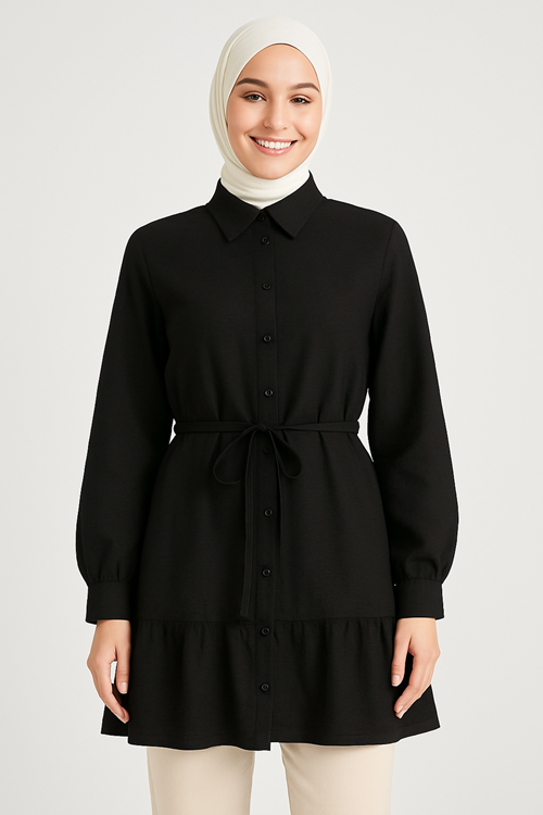 TUN05862-SYH Etek Fırfır Detay Tunik-Siyah