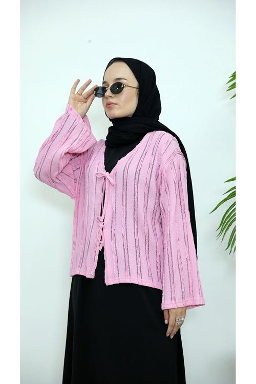 TUN05925-PMB Pileli Ön İki Bağlamalı Tunik-Pembe