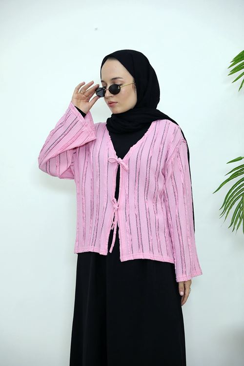 TUN05925-PMB Pileli Ön İki Bağlamalı Tunik-Pembe