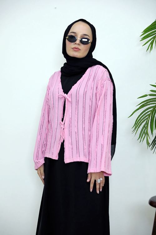 TUN05925-PMB Pileli Ön İki Bağlamalı Tunik-Pembe