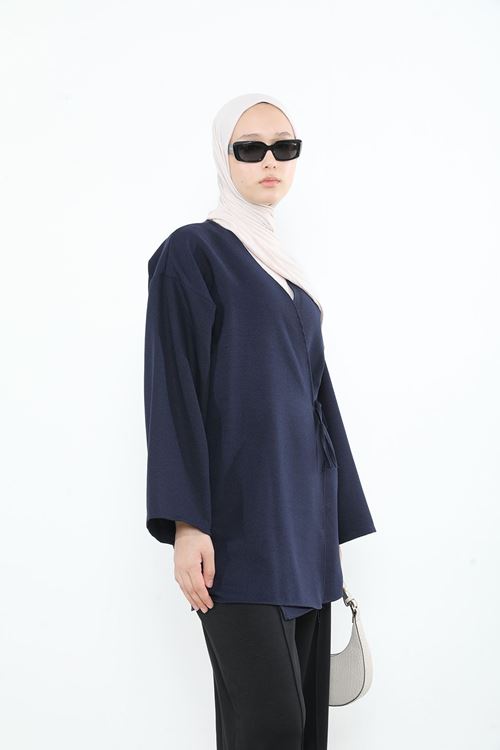 TUN05931-LCV Yan Bağlamalı Kalın Krep Tunik-Lacivert