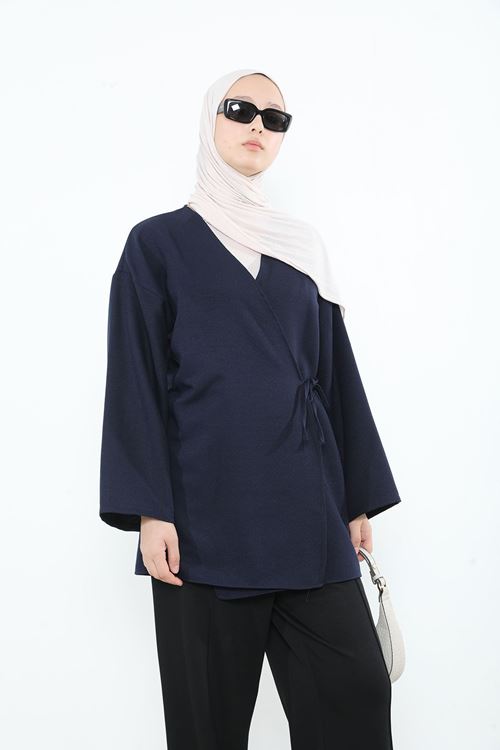 TUN05931-LCV Yan Bağlamalı Kalın Krep Tunik-Lacivert