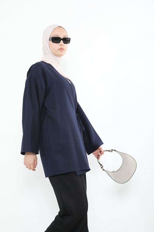 TUN05931-LCV Yan Bağlamalı Kalın Krep Tunik-Lacivert