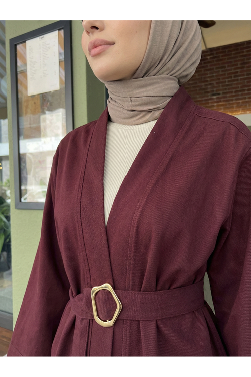 CKT01784-BRD Geniş Manşet Kuşak Detay Ceket-Bordo