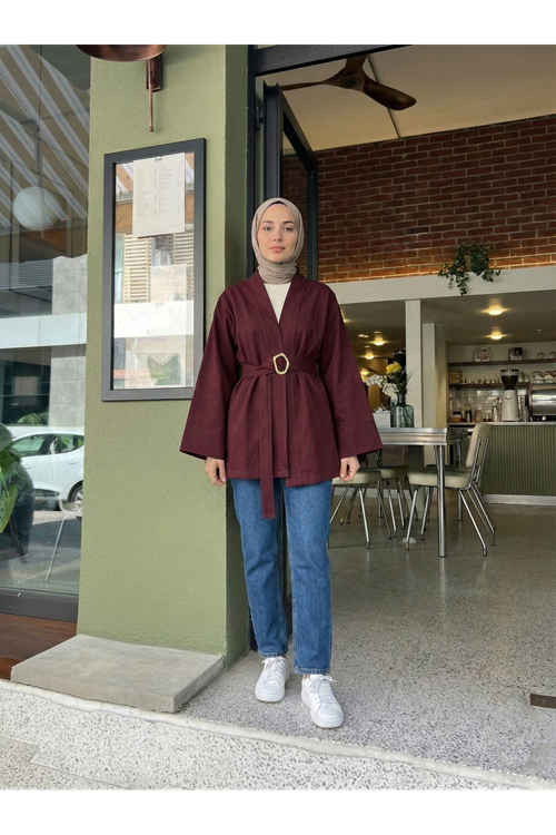 CKT01784-BRD Geniş Manşet Kuşak Detay Ceket-Bordo