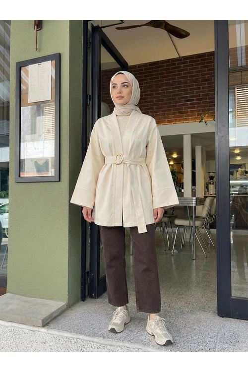 CKT01784-TAŞ Geniş Manşet Kuşak Detay Ceket-Taş
