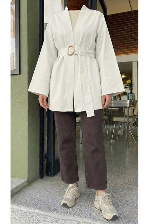 CKT01784-EKR Geniş Manşet Kuşak Detay Ceket-Ekru