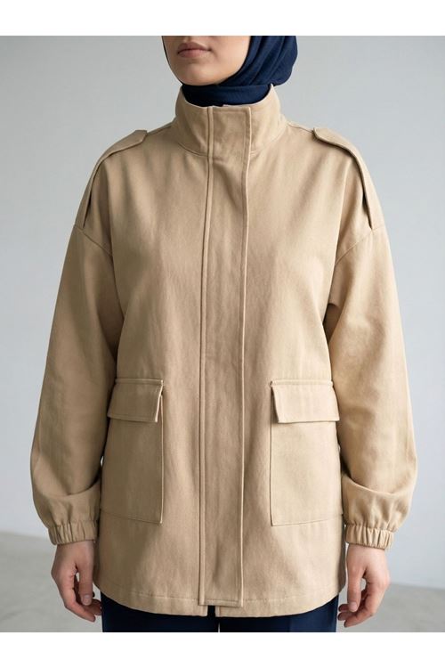 CKT01786-CRM Apoletli Cep Kapaklı Ceket-Karamel