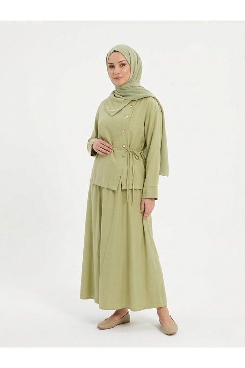 EİT00102-69 Çapraz Düğmeli Etekli Takım-YAĞ YEŞİLİ