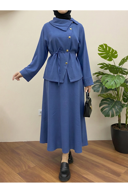 EİT00102-İND Çapraz Düğmeli Etekli Takım-İndigo