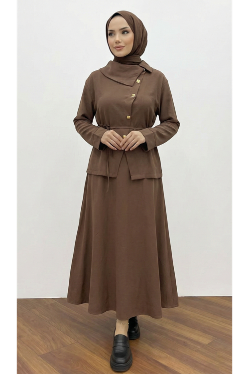 EİT00102-KHV Çapraz Düğmeli Etekli Takım-Kahve