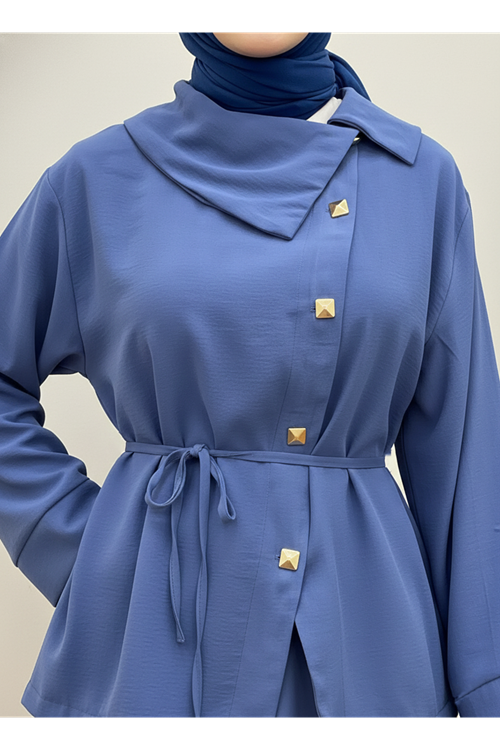 EİT00102-İND Çapraz Düğmeli Etekli Takım-İndigo