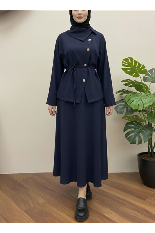 EİT00102-LCV Çapraz Düğmeli Etekli Takım-Lacivert