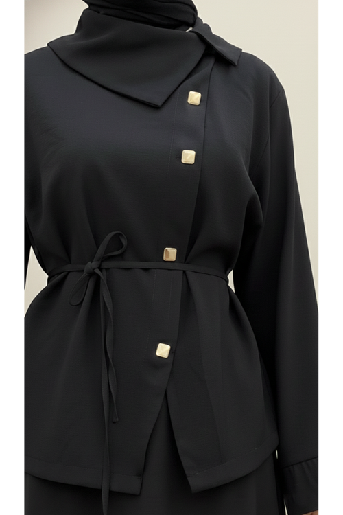 EİT00102-SYH Çapraz Düğmeli Etekli Takım-Siyah