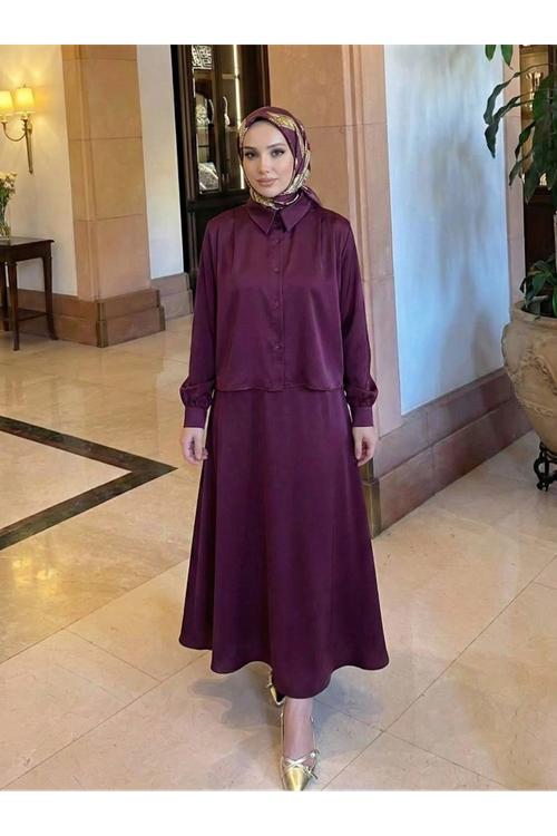 EİT00106-MRD Omuz Pile Detay Saten Etekli Takım-Mürdüm