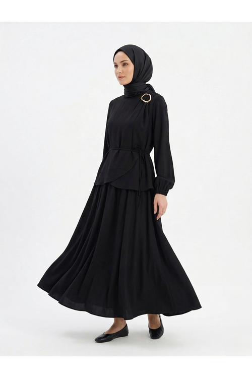 EİT00109-SYH Omuz Aksesuar Pile Detay Etekli Takım-Siyah