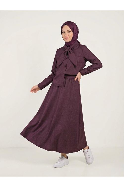 EİT00112-BRD Yaka Detay Etekli Takım-Bordo