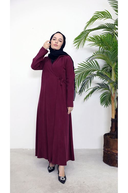 ELB04084-BRD Yakalı Yandan Bağlamalı Elbise-Bordo
