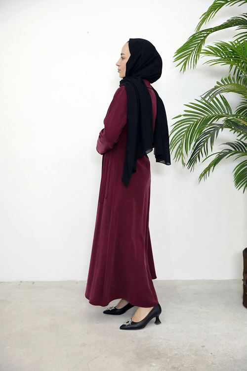 ELB04084-BRD Yakalı Yandan Bağlamalı Elbise-Bordo