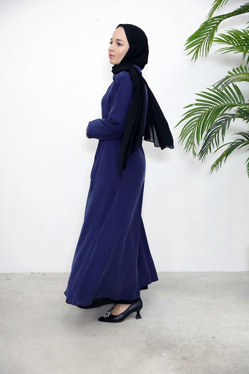 ELB04084-LCV Yakalı Yandan Bağlamalı Elbise-Lacivert