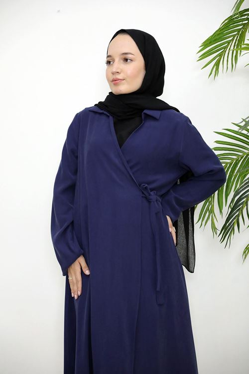 ELB04084-LCV Yakalı Yandan Bağlamalı Elbise-Lacivert