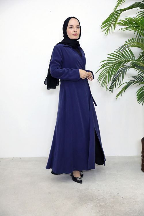 ELB04084-LCV Yakalı Yandan Bağlamalı Elbise-Lacivert