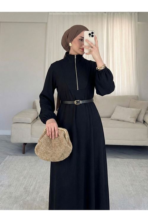 ELB04112-SYH Fermuar Detay Elbise-Siyah