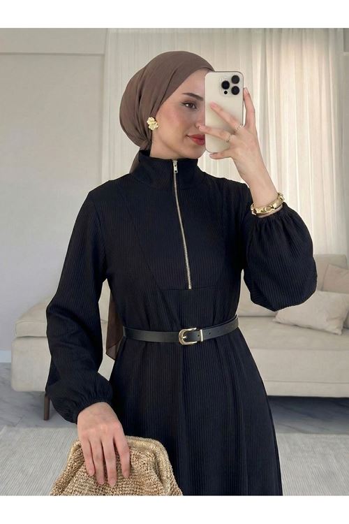 ELB04112-SYH Fermuar Detay Elbise-Siyah